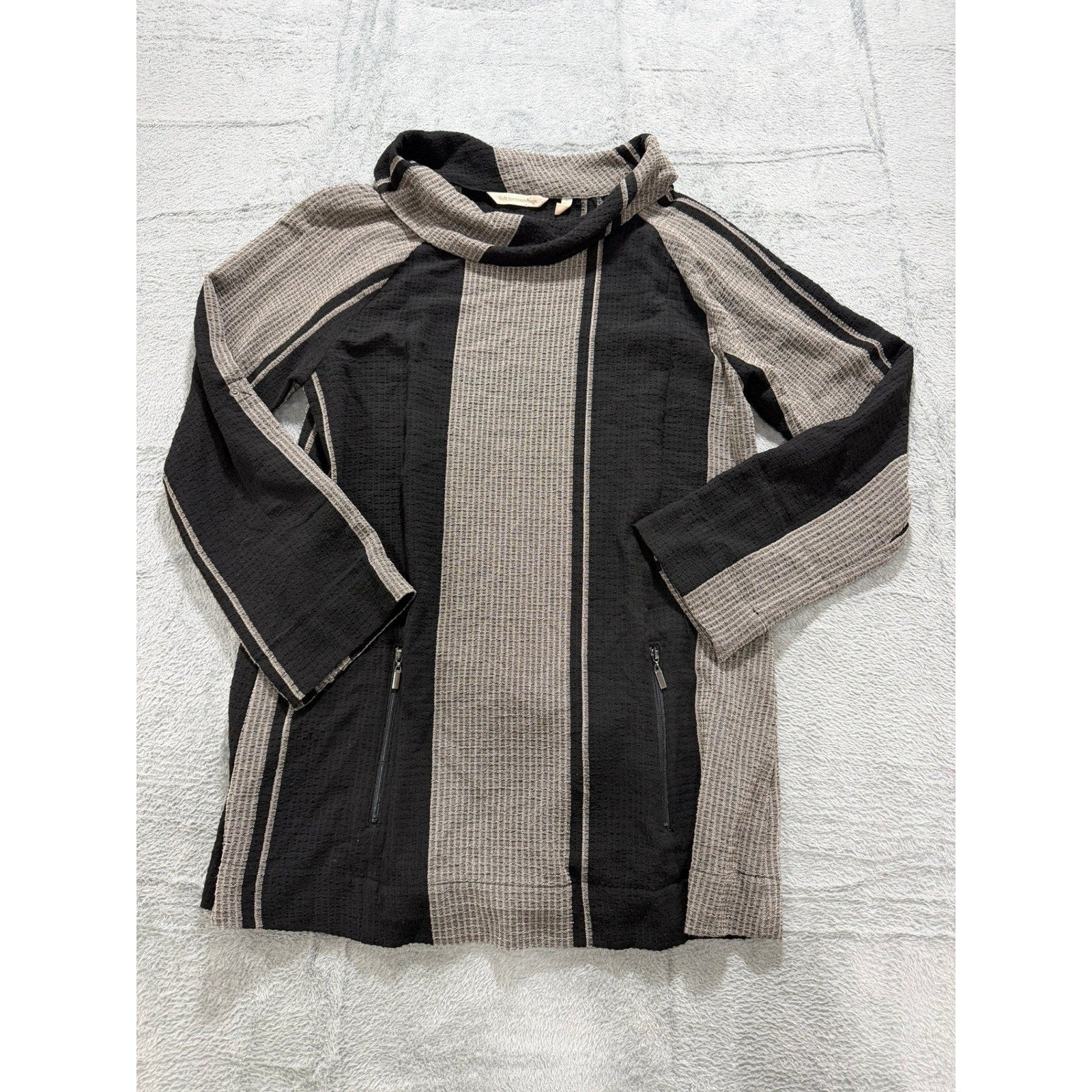 Soft Surroundings Womens Small Black Tan Striped Cowl Neck Tunic Zip Pockets