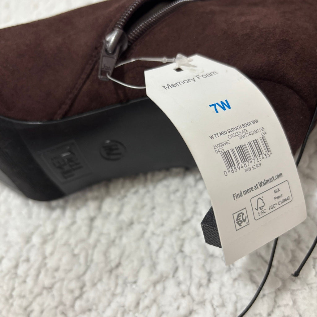 Time and Tru Womens 7 W Chocolate Brown Mid Slouch Boots Faux Suede Boho Western