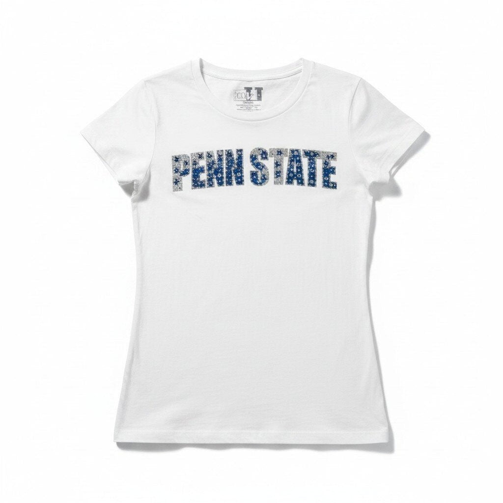 MJU Womens L White Penn State Rhinestone Graphic T-Shirt Casual Vintage Style