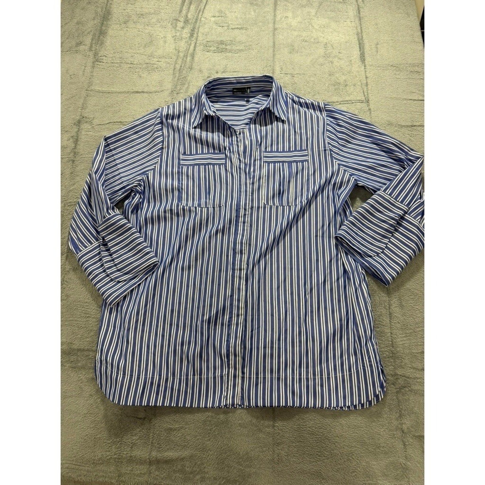 ASOS Design Button Up Shirt Womens US 14 Blue White Striped Pocket Blouse