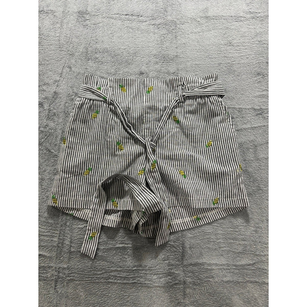 Potter's Pot Shorts Women M Stripe Pineapple Embroidered Tie Waist Summer
