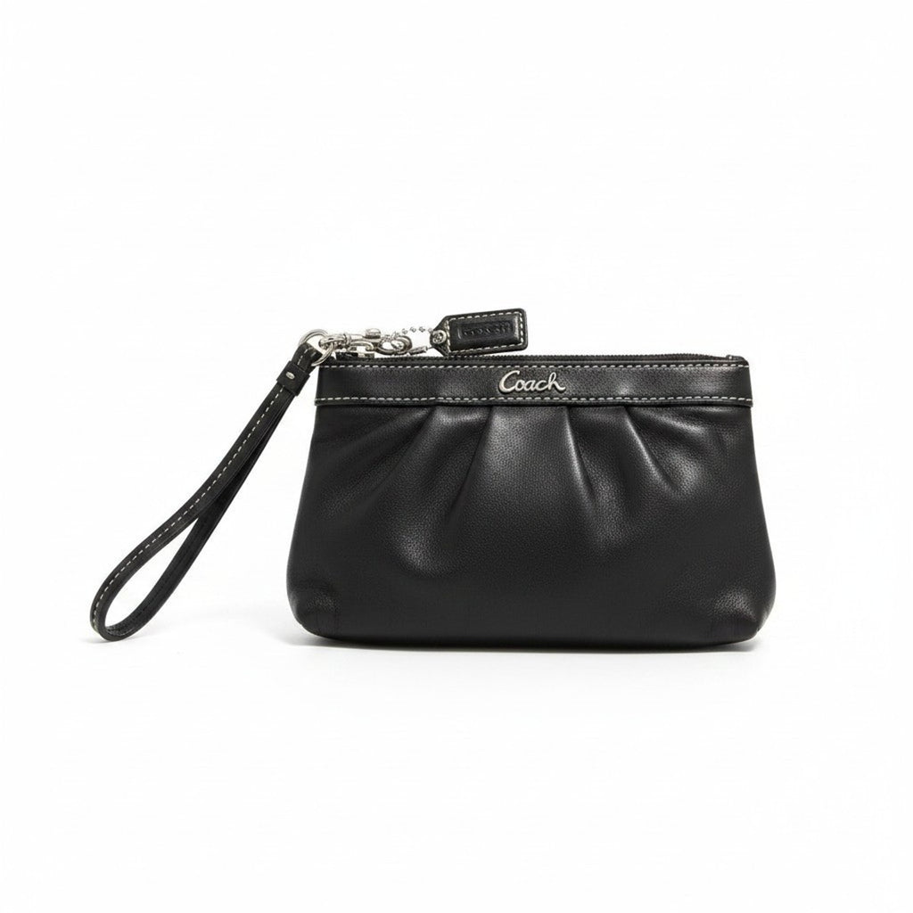 Coach Black Leather Wristlet Pouch Clutch Zip Wallet Wrist Strap Gold Hardware