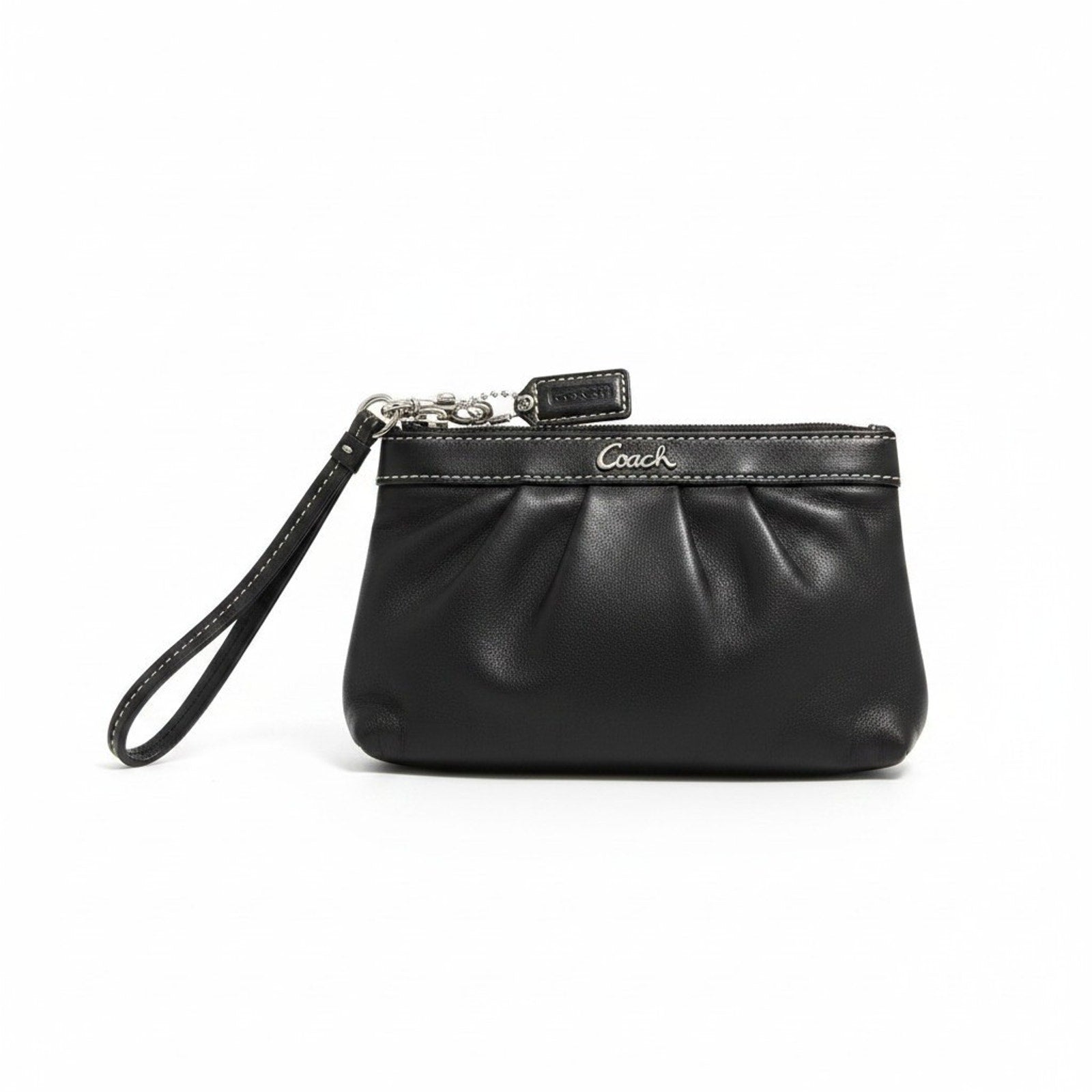 Coach Black Leather Wristlet Pouch Clutch Zip Wallet Wrist Strap Gold Hardware