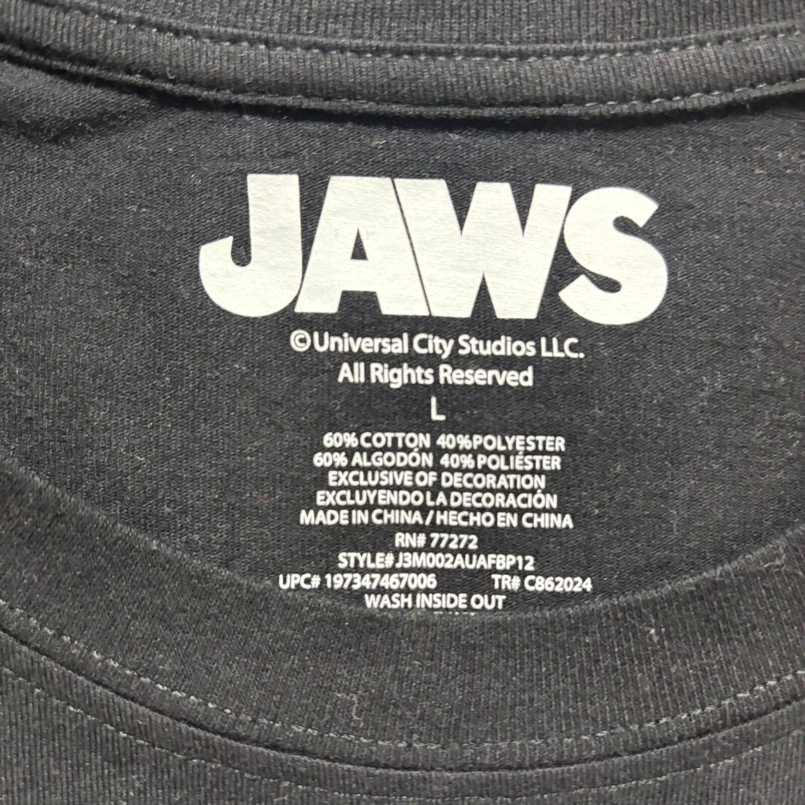 Jaws L Black Womens Graphic T-Shirt Amity Island Retro Vintage Casual