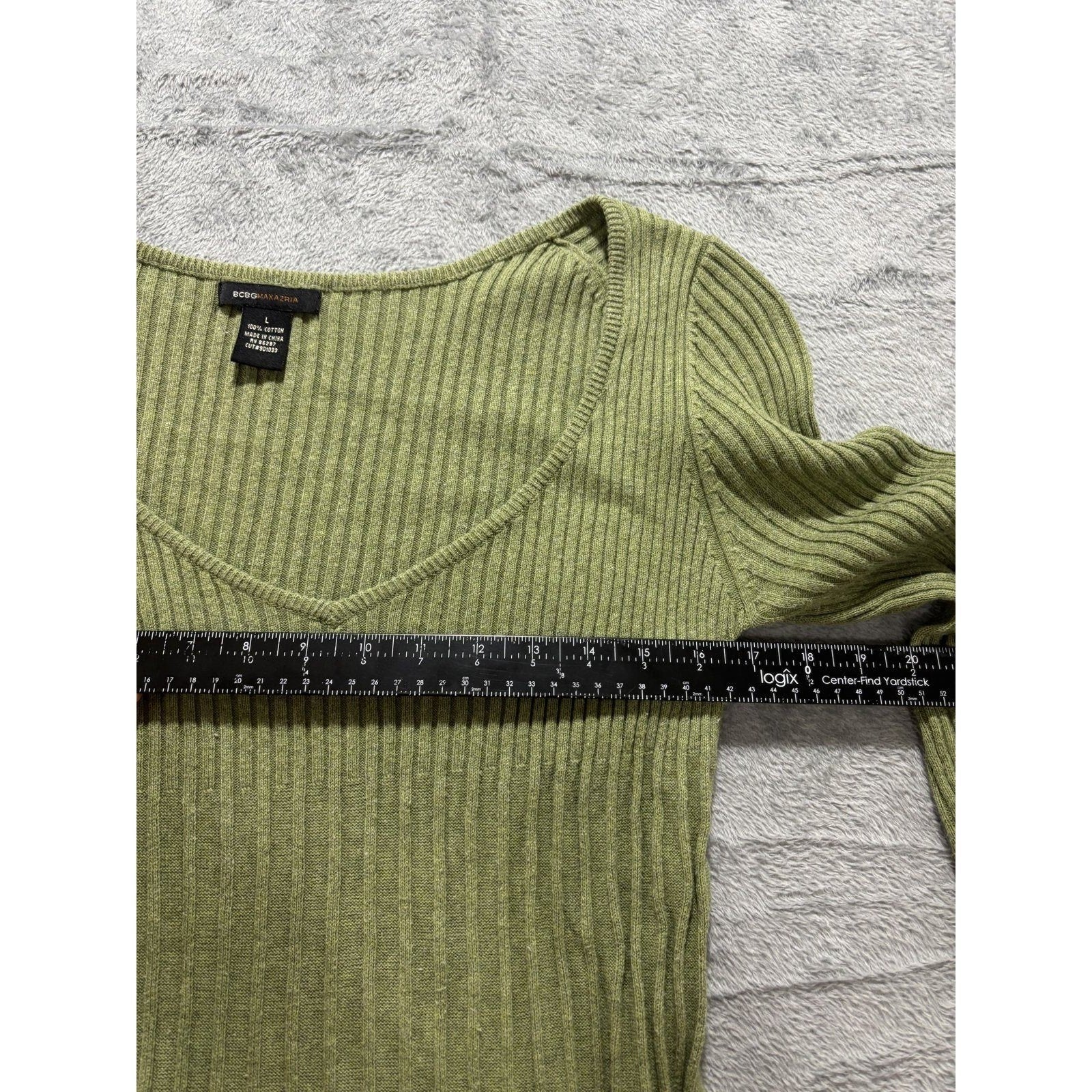 BCBGMAXAZRIA L Green Ribbed Knit V-Neck Peplum Top Womens Boho Casual