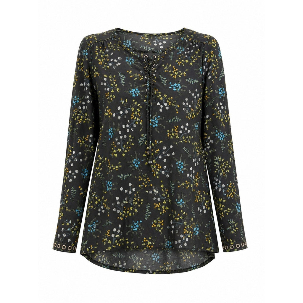 Ruff Hewn Grey Womens XL Black Floral Lace Up Grommet Long Sleeve Blouse Top