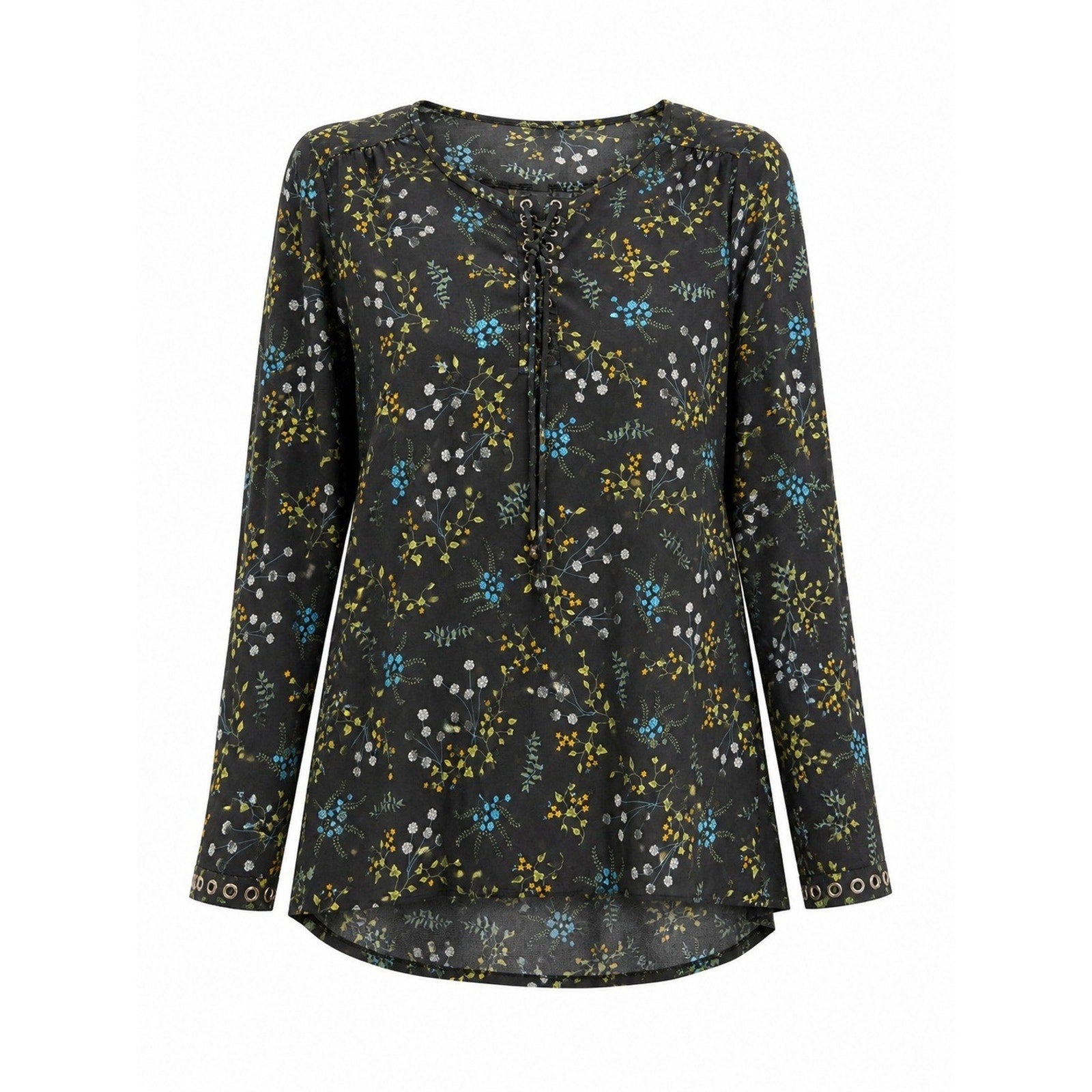 Ruff Hewn Grey Womens XL Black Floral Lace Up Grommet Long Sleeve Blouse Top