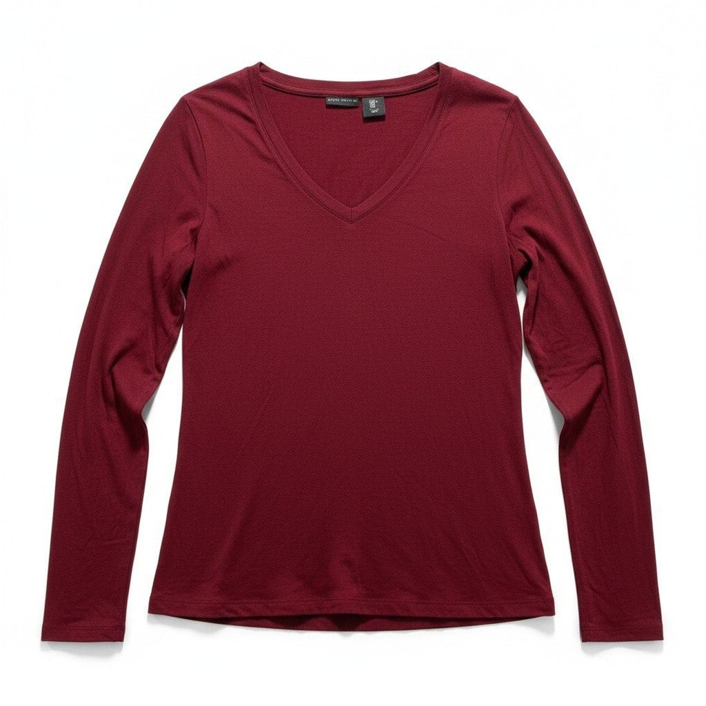 Willi Smith Womens M Maroon V-Neck Long Sleeve Tee Shirt Casual Minimalist