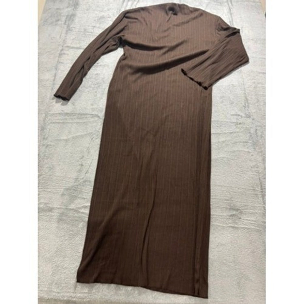 H&M Ribbed Long Sleeve Maxi Dress Chocolate Brown Asymmetrical Layered NWT