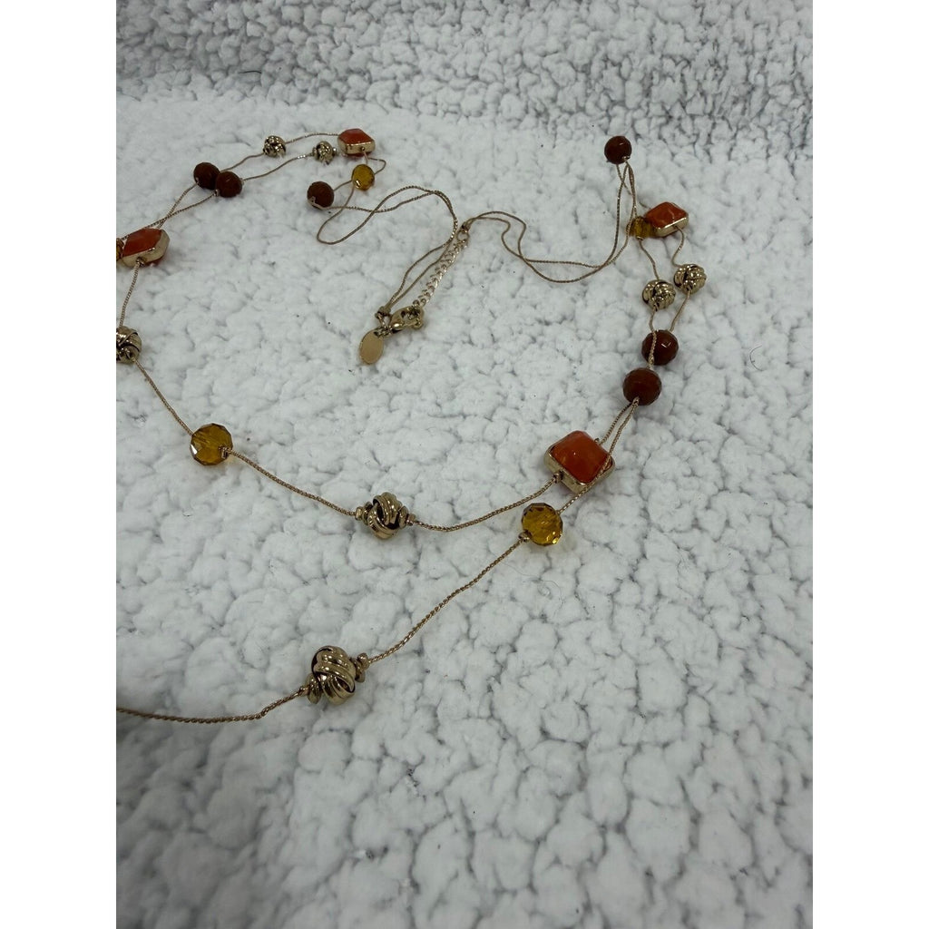 Chicos Womens OS Gold Orange Brown Beaded Double Layer Necklace Boho Casual