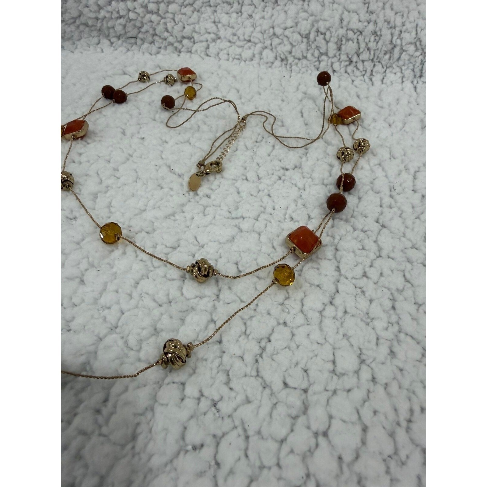 Chicos Womens OS Gold Orange Brown Beaded Double Layer Necklace Boho Casual