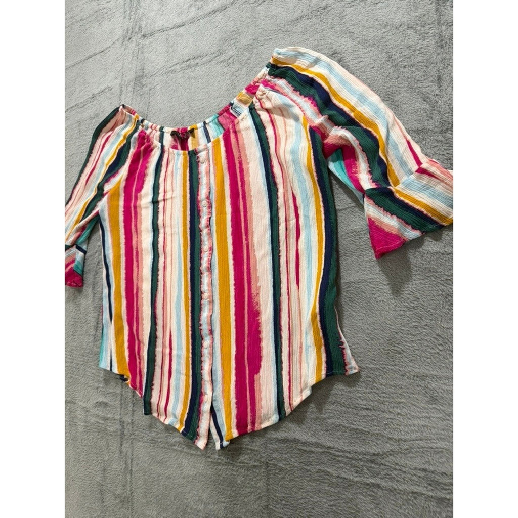 Zac Rachel Womens Medium Striped Off Shoulder Boho Button Front Blouse Top