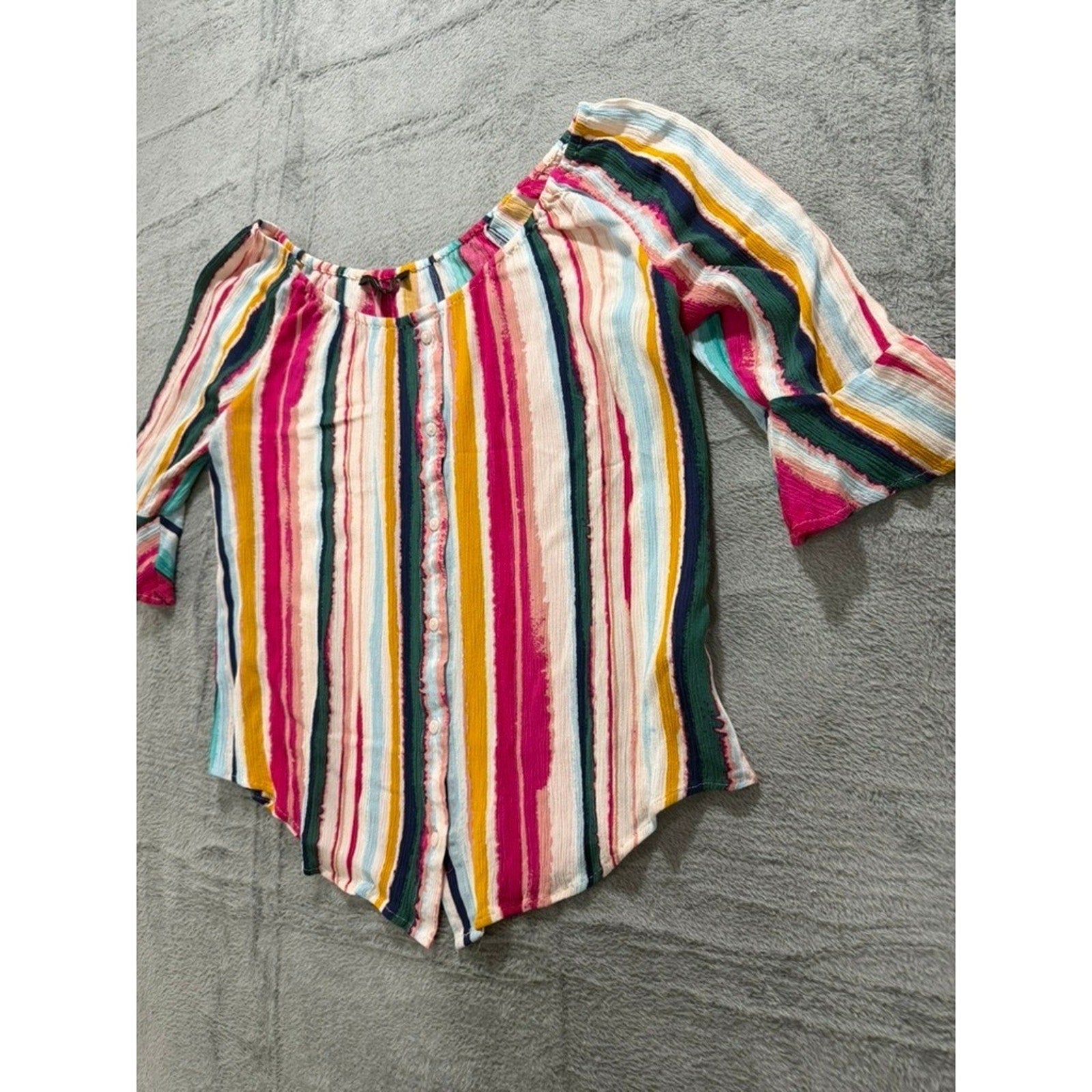 Zac Rachel Womens Medium Striped Off Shoulder Boho Button Front Blouse Top