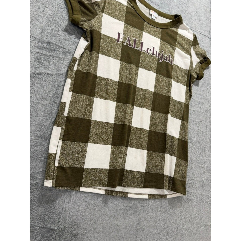 LuLaRoe XL Womens FALLelujah Graphic Tee Olive Green Buffalo Plaid Cozy Fall