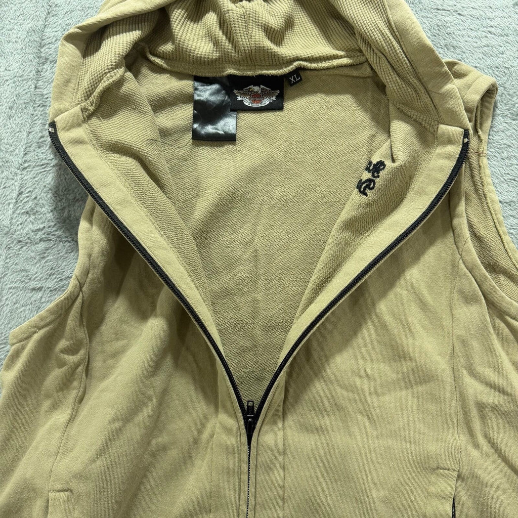 Harley Davidson XL Tan Womens Hooded Zip Up Vest Casual Vintage Biker Moto