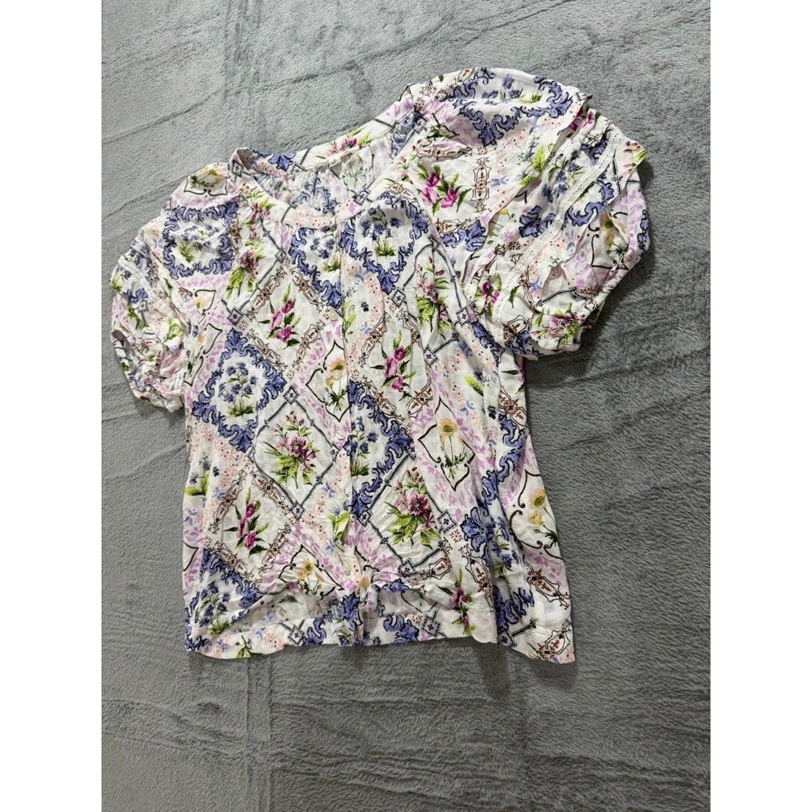 Jane + Delancey Womens Floral Baroque Patchwork Twist Front Puff Sleeve Blouse M