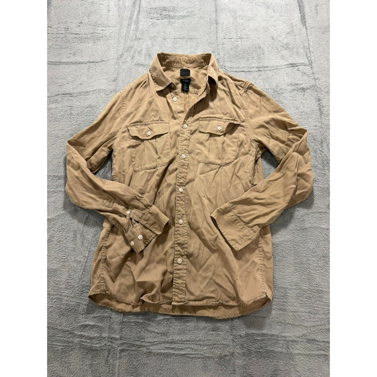 HM Mens Regular Fit Long Sleeve Button Up Utility Shirt Tan Khaki Small