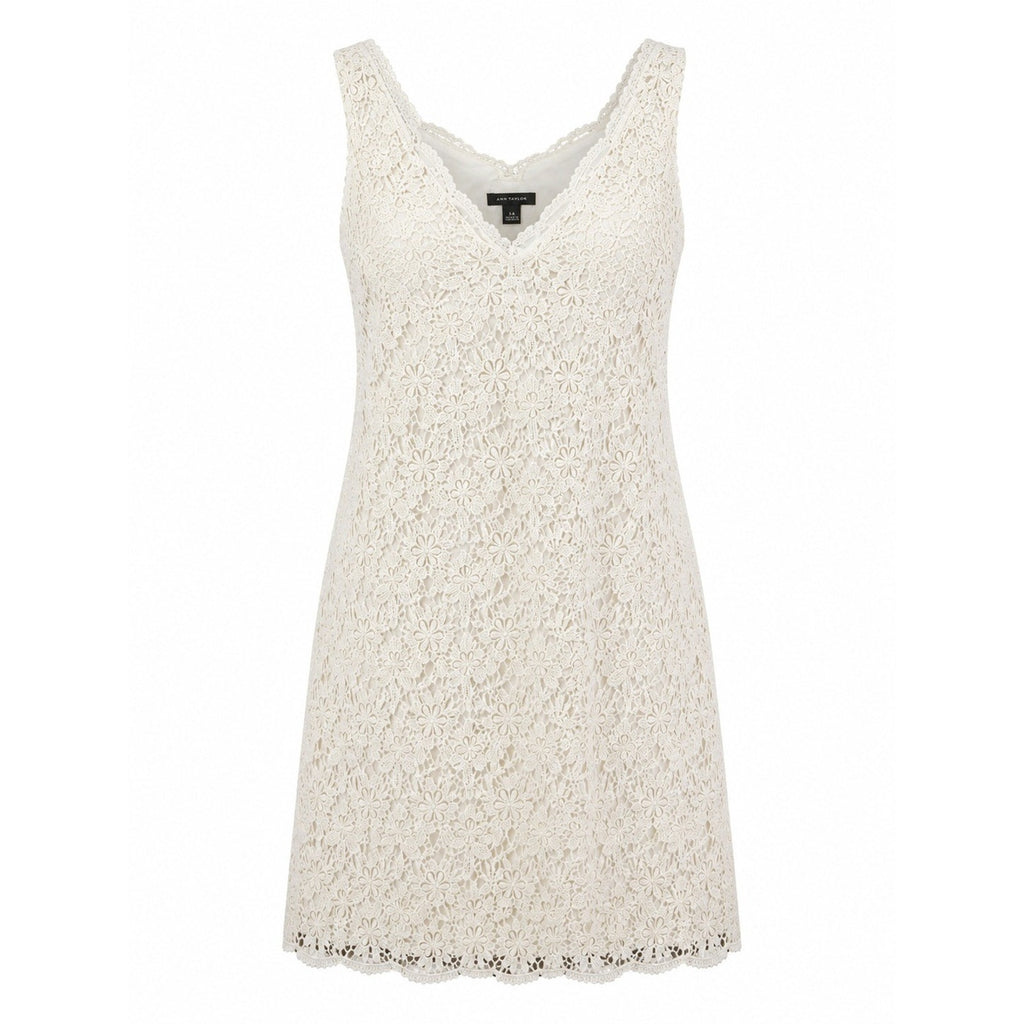 Ann Taylor Women Ivory White Floral Crochet Lace V-Neck Sleeveless Dress 14