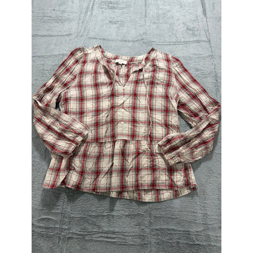 LOFT Outlet Womens Red Plaid Peplum Blouse Long Sleeve Tie Neck Rayon Top Large
