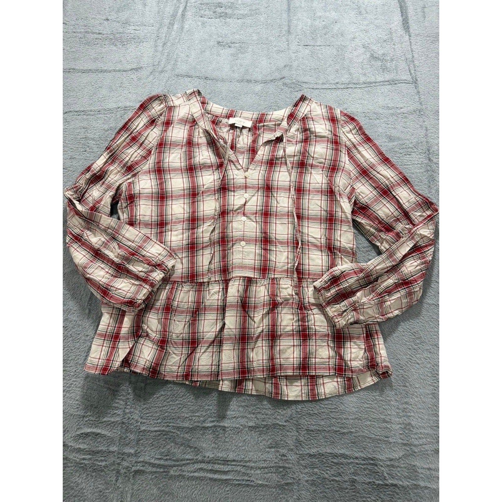 LOFT Outlet Womens Red Plaid Peplum Blouse Long Sleeve Tie Neck Rayon Top Large