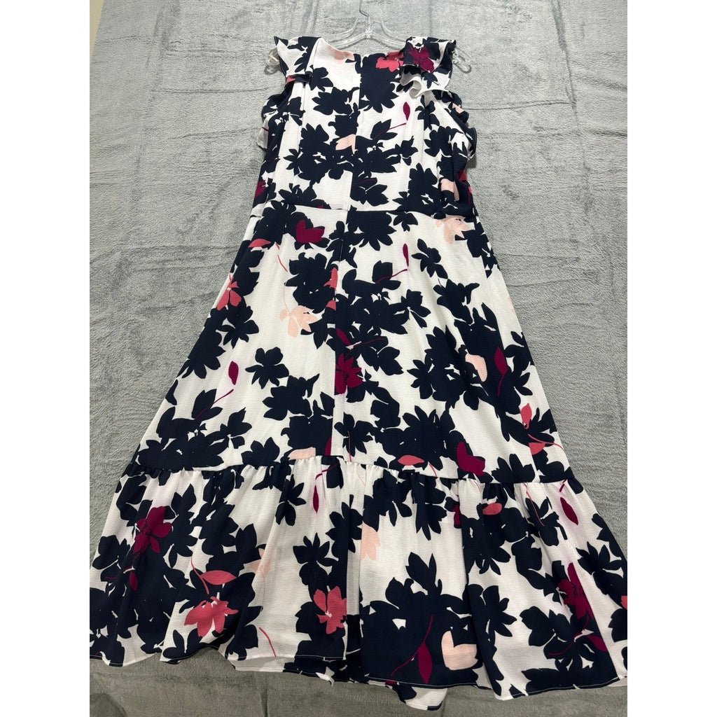 Liz Claiborne Womens 18 White Floral Ruffle Tiered Midi Dress Navy Pink NWT