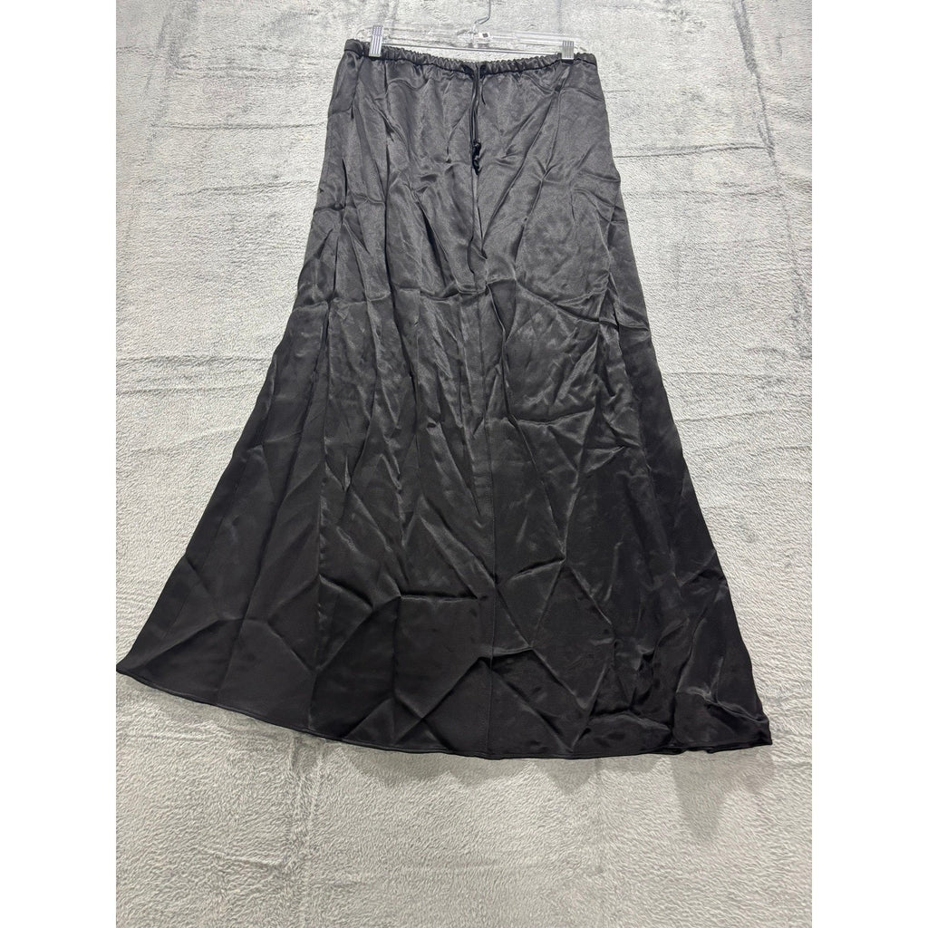 Zara Black Satin A-Line Maxi Skirt Drawstring Waist Size M NEW