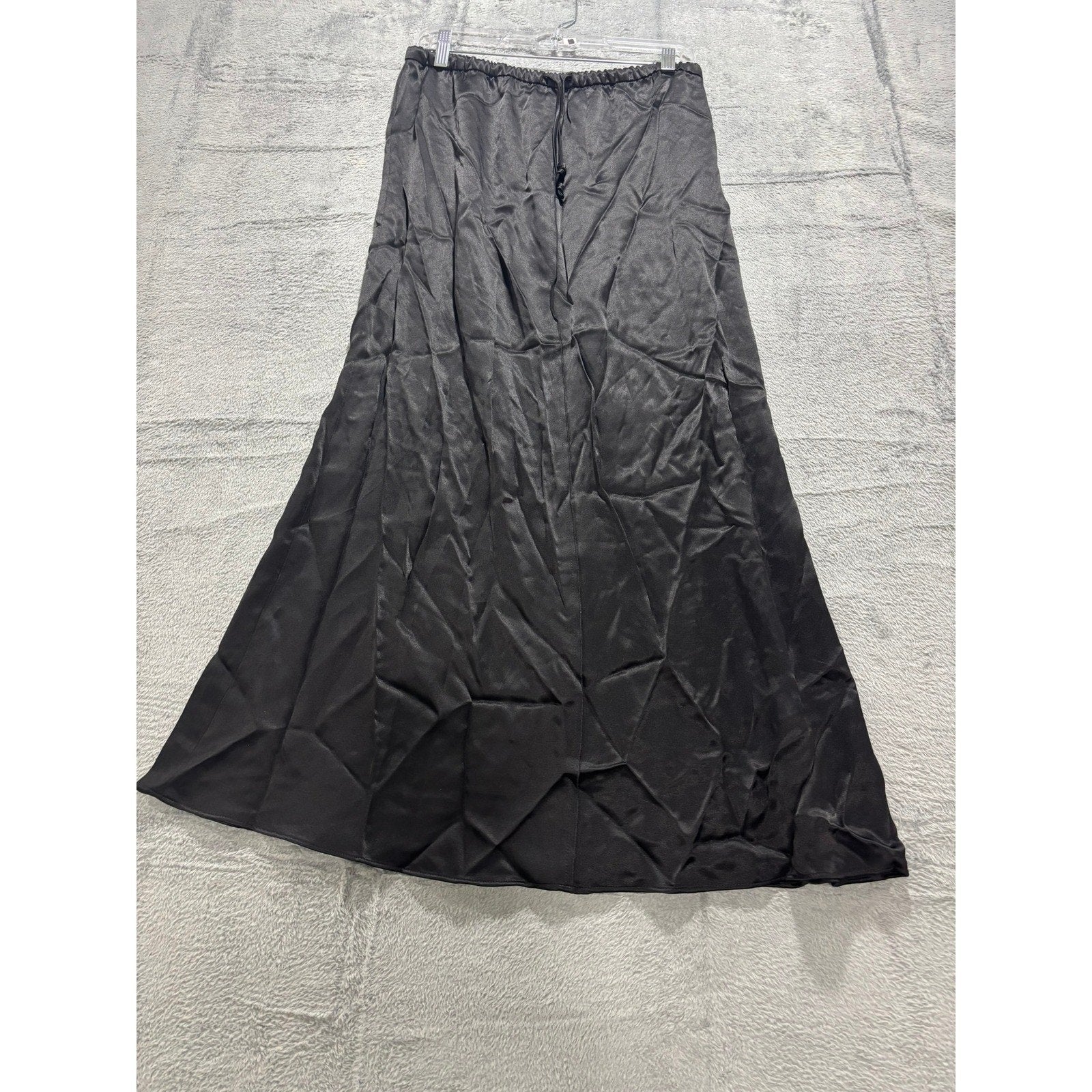 Zara Black Satin A-Line Maxi Skirt Drawstring Waist Size M NEW