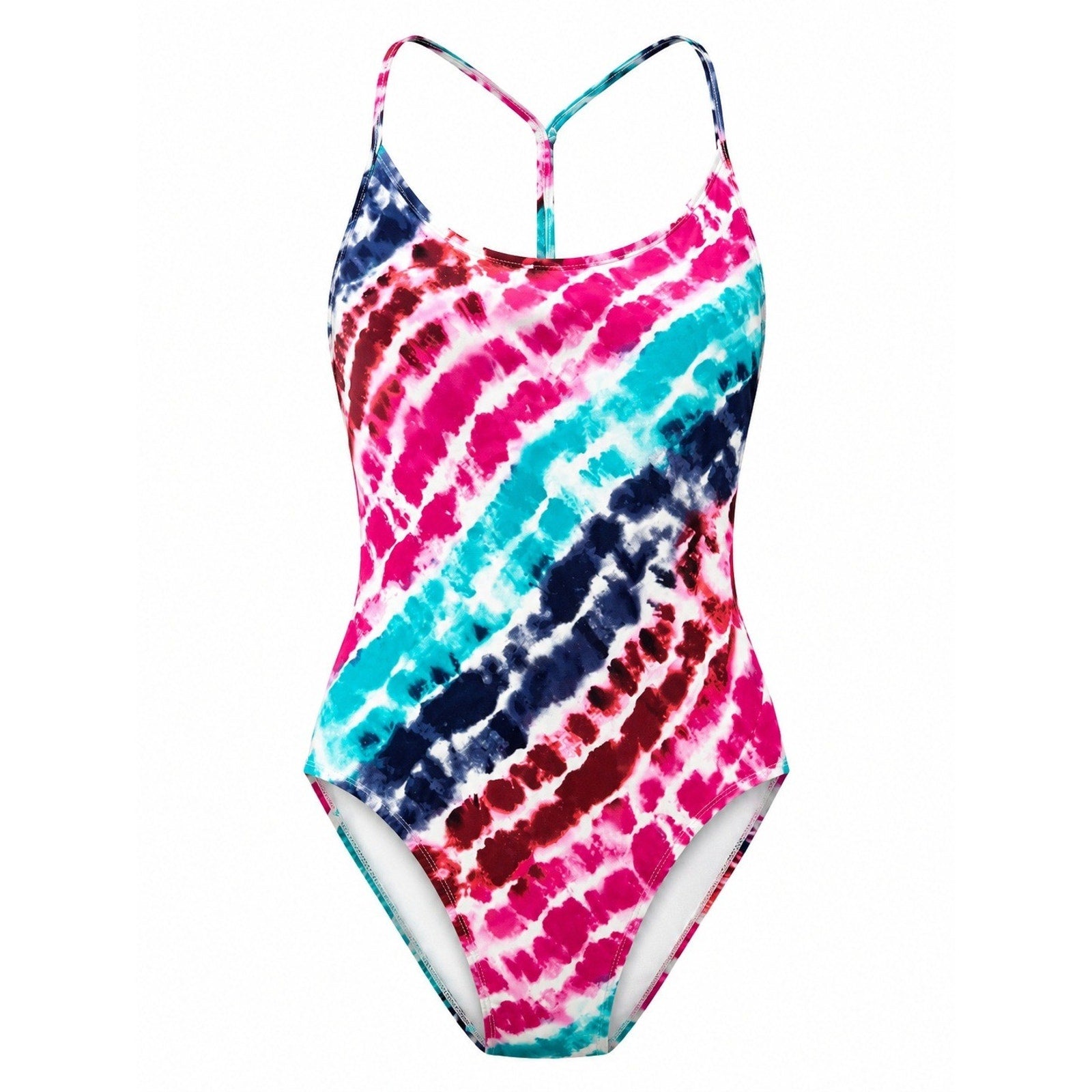 Women Tie Dye One Piece Swimsuit Pink Blue White Strappy Back Athletic