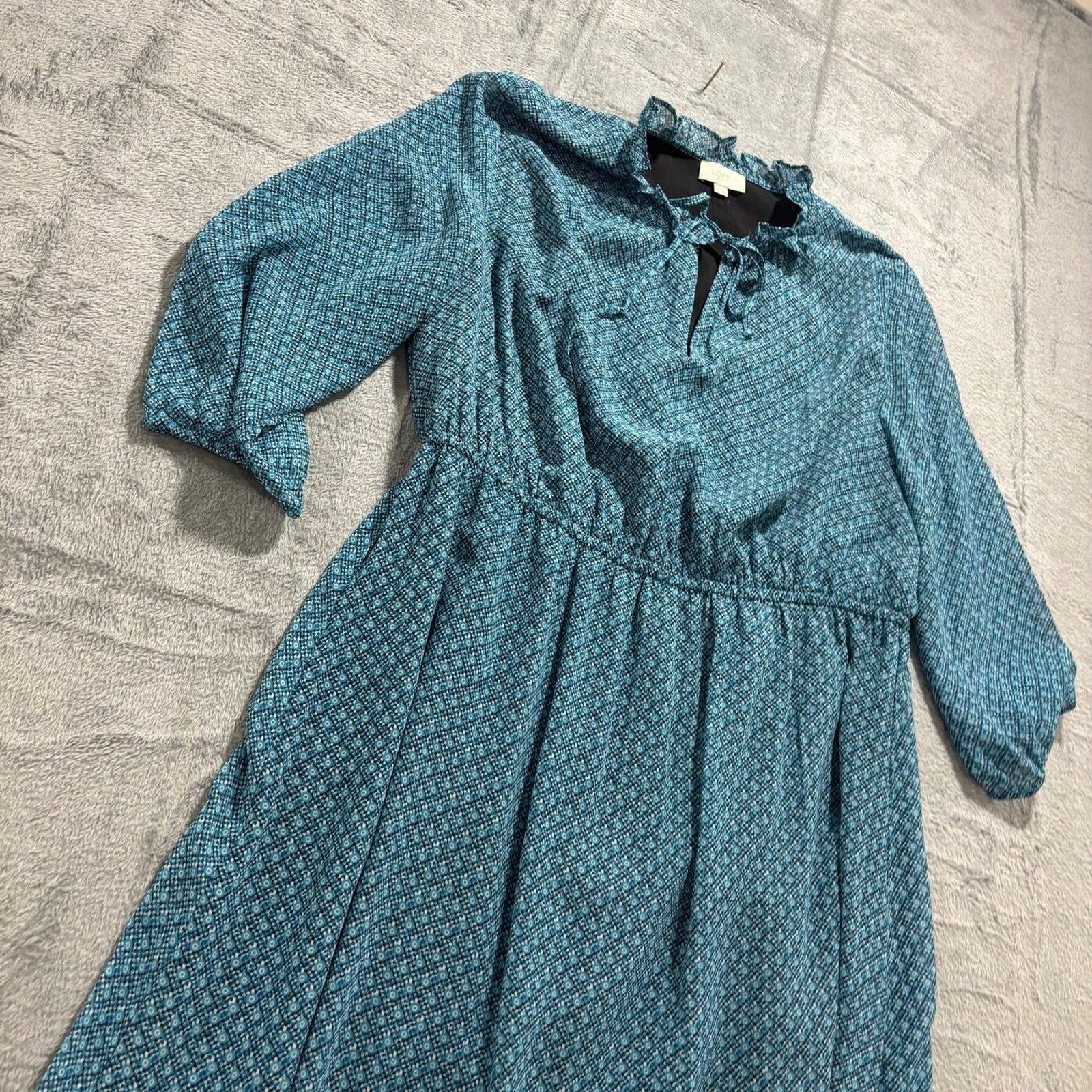 LOFT Womens XL Blue Geometric Print Ruffle Neck Midi Dress Casual Boho Preppy