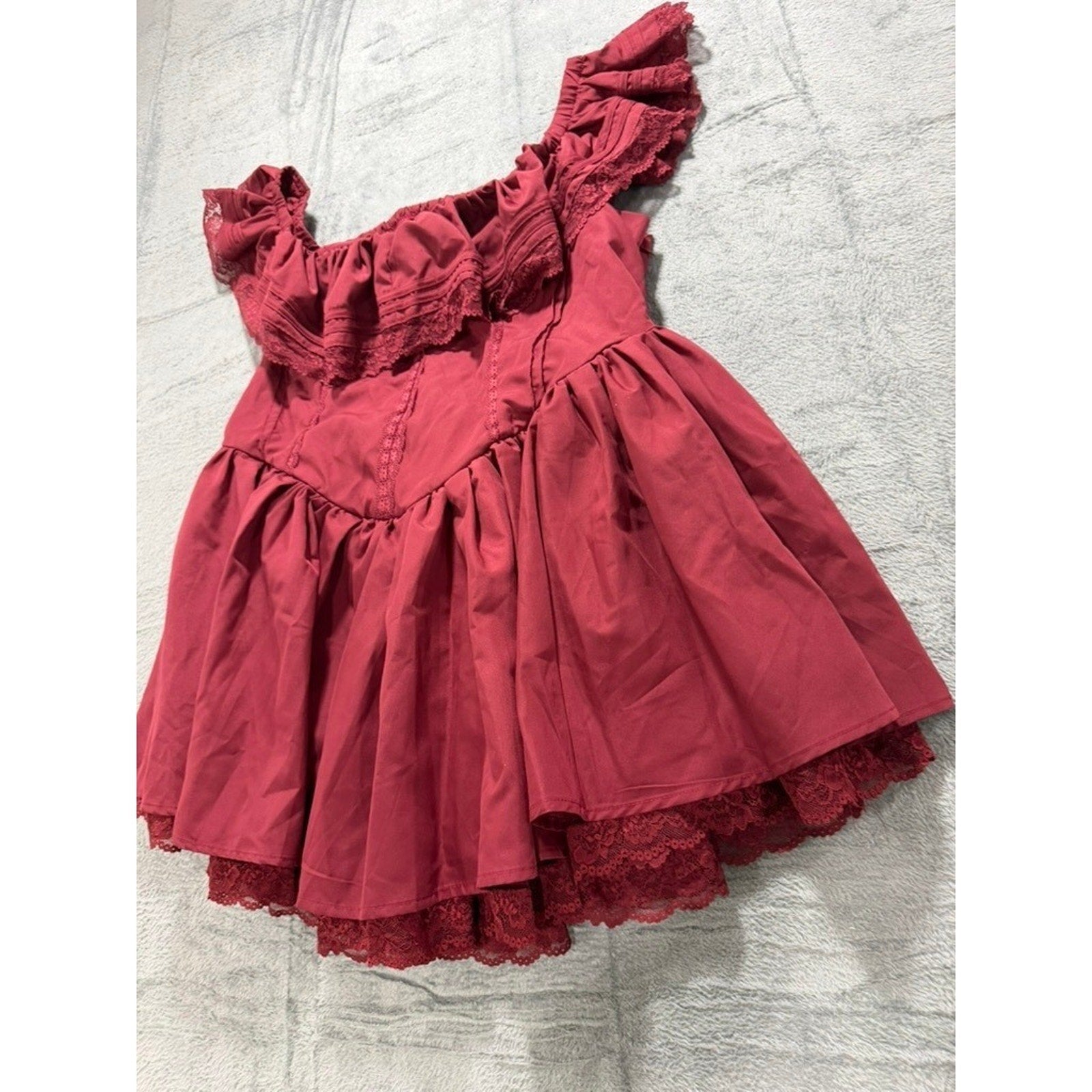 Burgundy Cottagecore Off Shoulder Lace Ruffle Mini Dress Smocked 4XL Wine Red