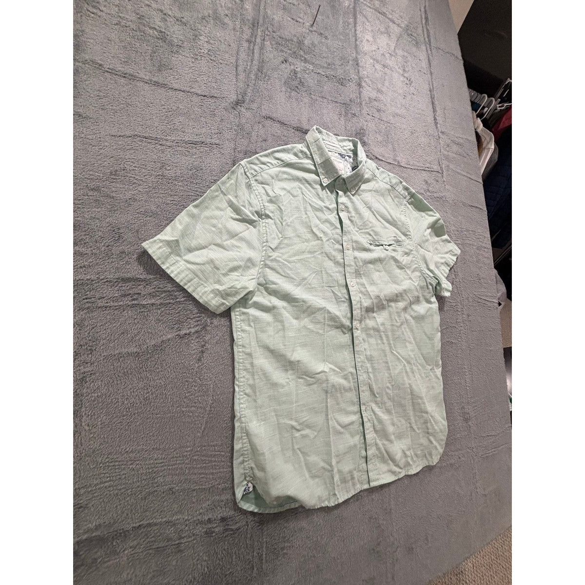 Denim & Flower L Mint Green Short Sleeve Button Down Shirt Casual Preppy Mens