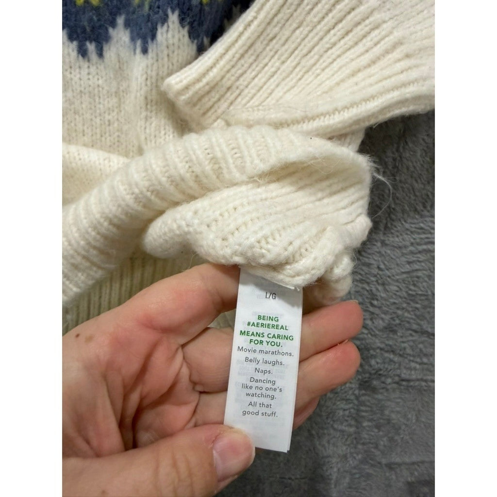 Aerie Fair Isle Sweater Womens L Oversized Nordic Quarter Zip Chunky Cozy