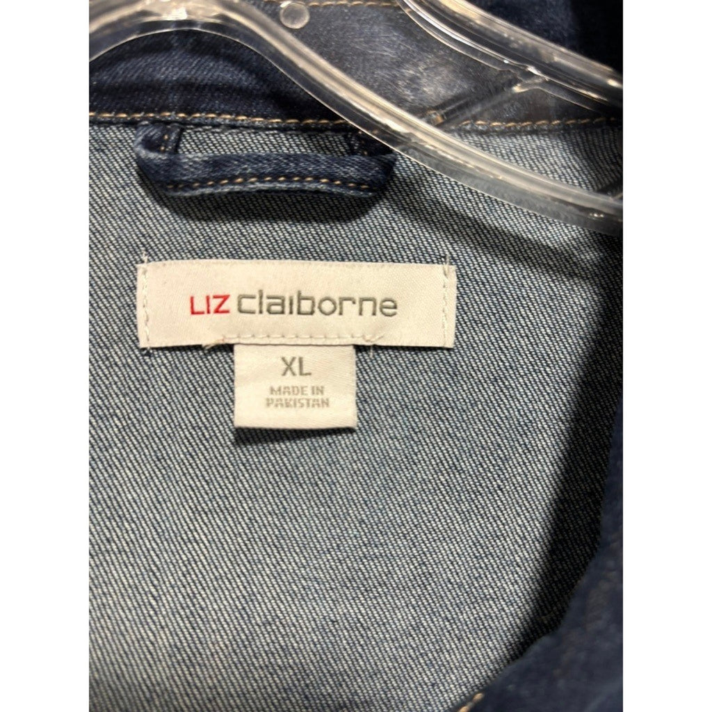 Liz Claiborne Womens XL Blue Denim Trucker Jacket Stretch Medium Wash Button Up