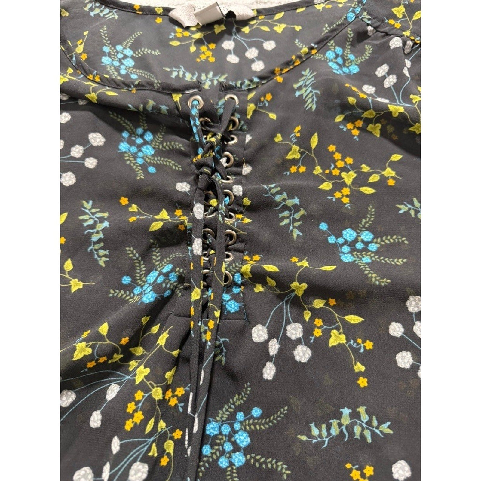 Ruff Hewn Grey Womens XL Black Floral Lace Up Grommet Long Sleeve Blouse Top