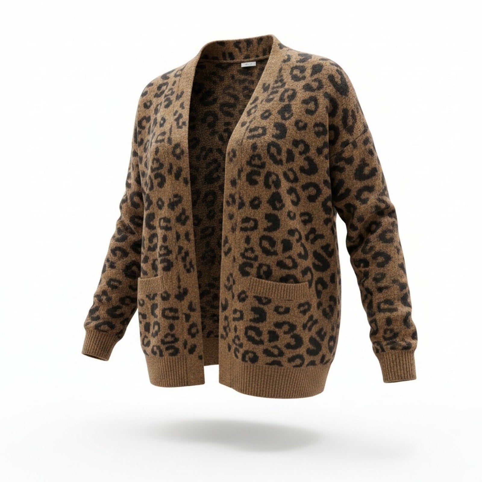 Time and Tru Womens XL Brown Leopard Fuzzy Knit Cardigan Sweater Boho Animal