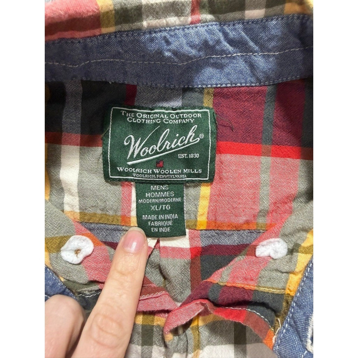 Woolrich Mens XL Short Sleeve Plaid Button Down Shirt Organic Cotton Modern Fit
