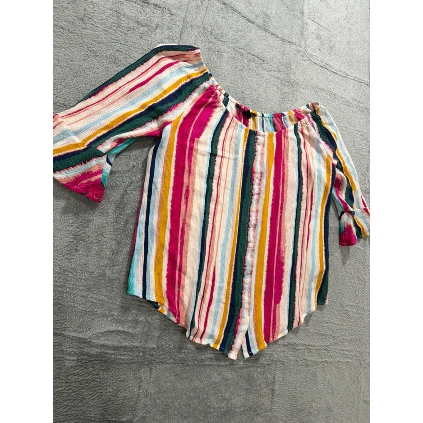Zac Rachel Womens Medium Striped Off Shoulder Boho Button Front Blouse Top