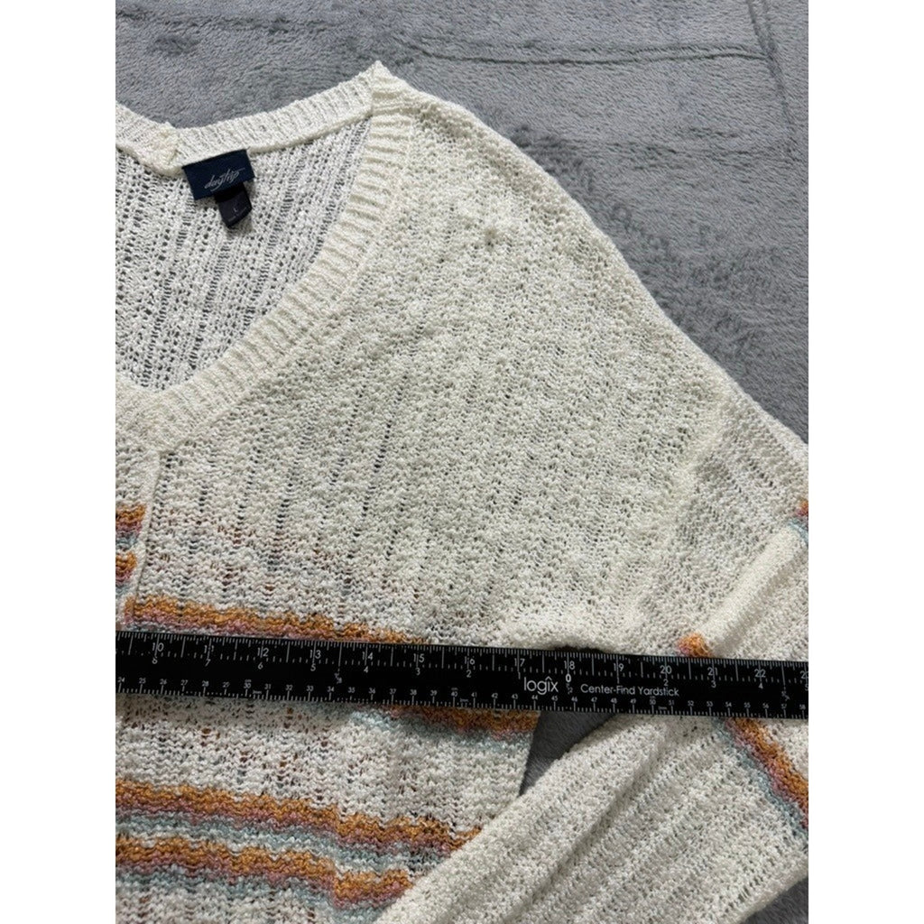 Daytrip Womens Striped V-Neck Open Knit Distressed Frayed Hem Sweater Cream L