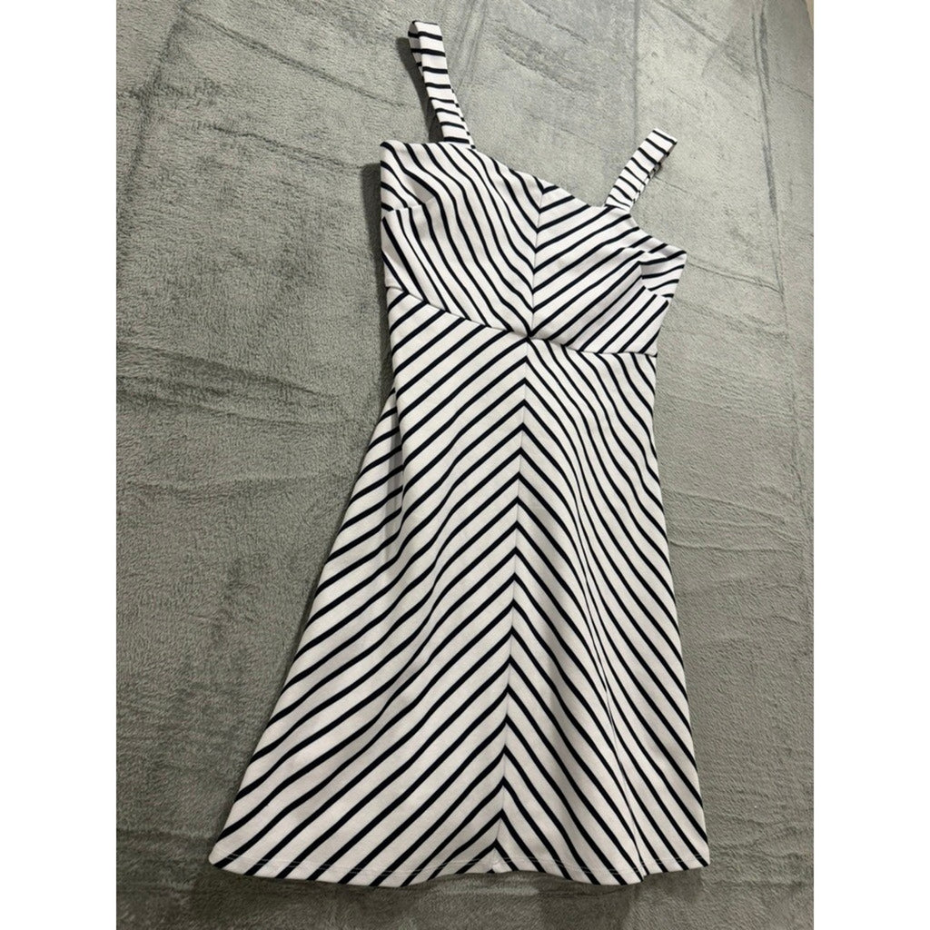 Womens Navy White Chevron Striped Fit Flare Mini Dress Square Neck Sleeveless