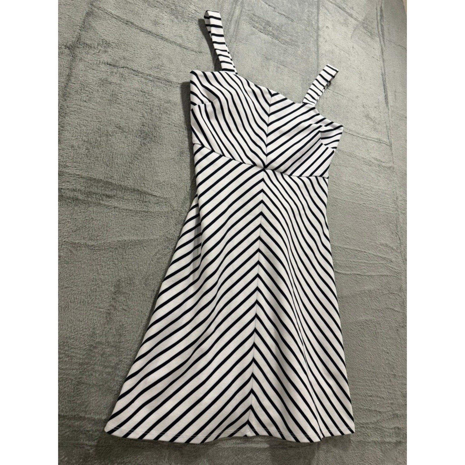 Womens Navy White Chevron Striped Fit Flare Mini Dress Square Neck Sleeveless