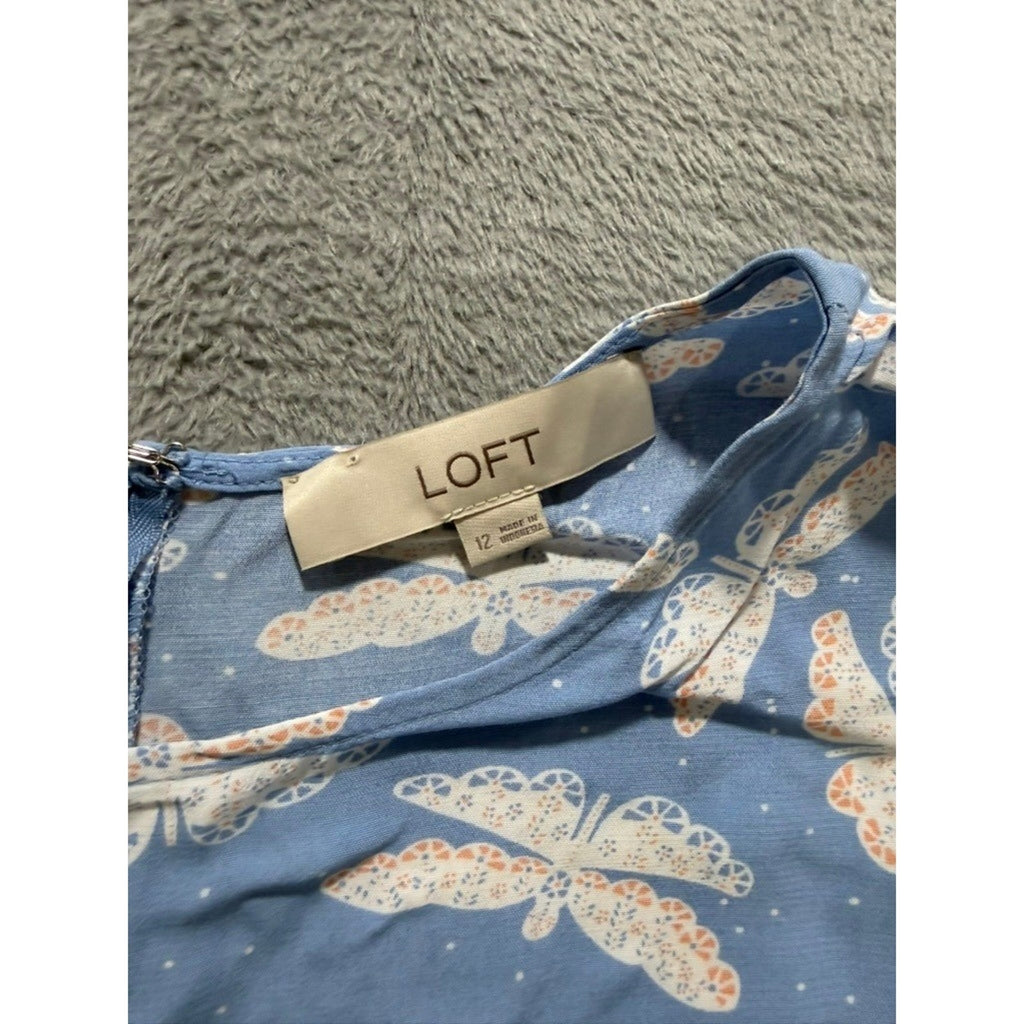 LOFT Dress Womens 12 Blue Dragonfly Print Cap Sleeve Fit Flare Midi