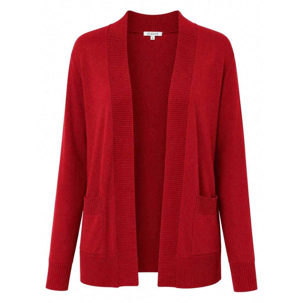 Sueani Womens Red Open Front Cardigan Ribbed Knit Pocket Sweater Large Office
