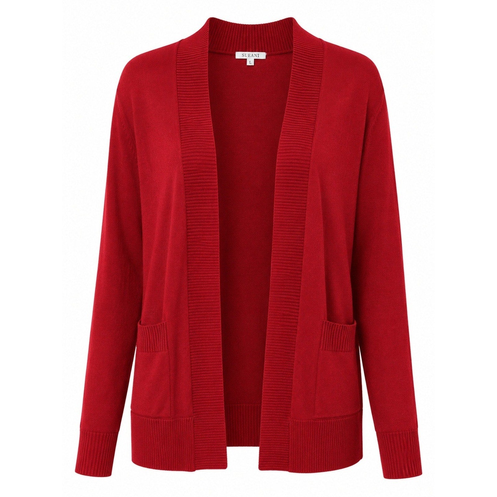 Sueani Womens Red Open Front Cardigan Ribbed Knit Pocket Sweater Large Office