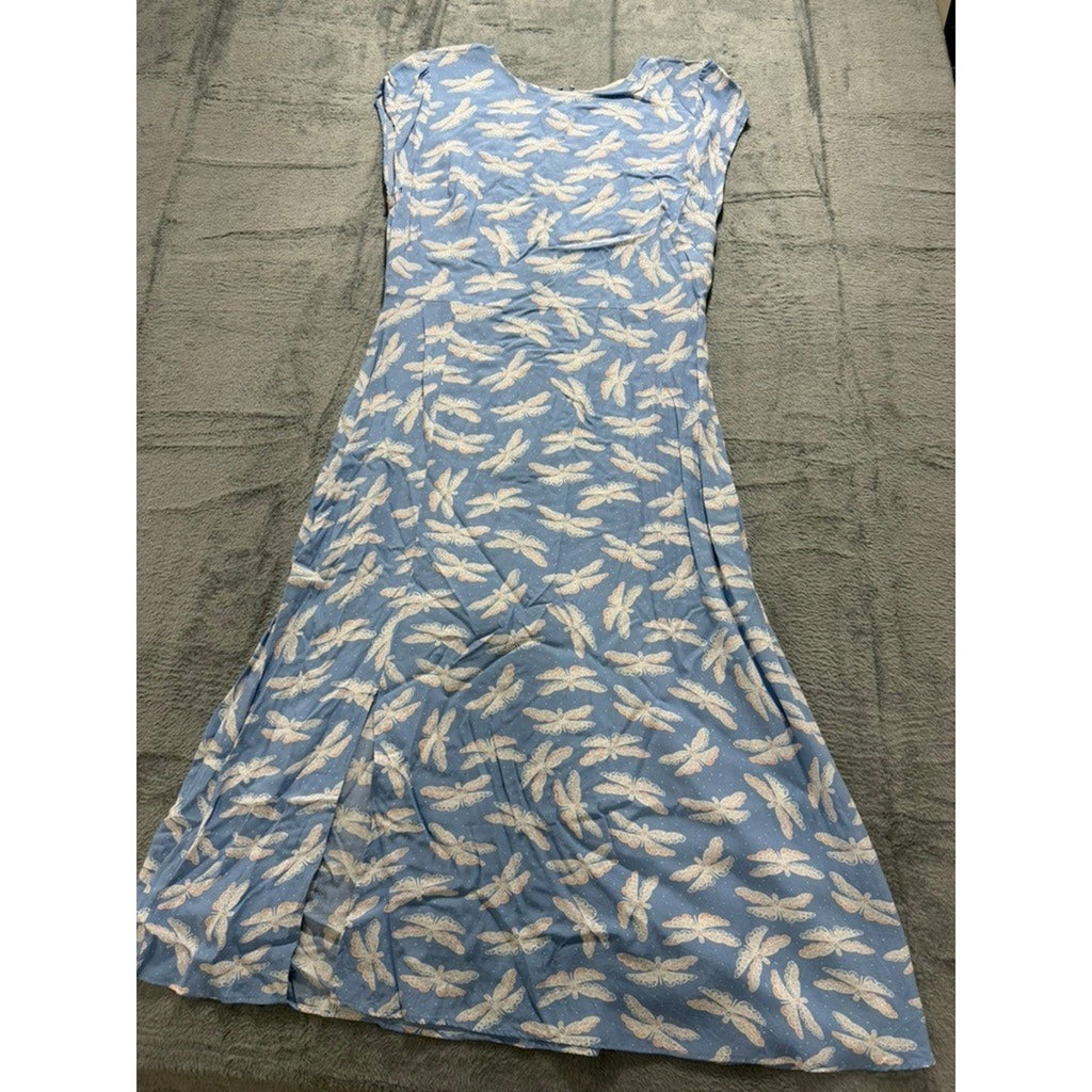 LOFT Dress Womens 12 Blue Dragonfly Print Cap Sleeve Fit Flare Midi