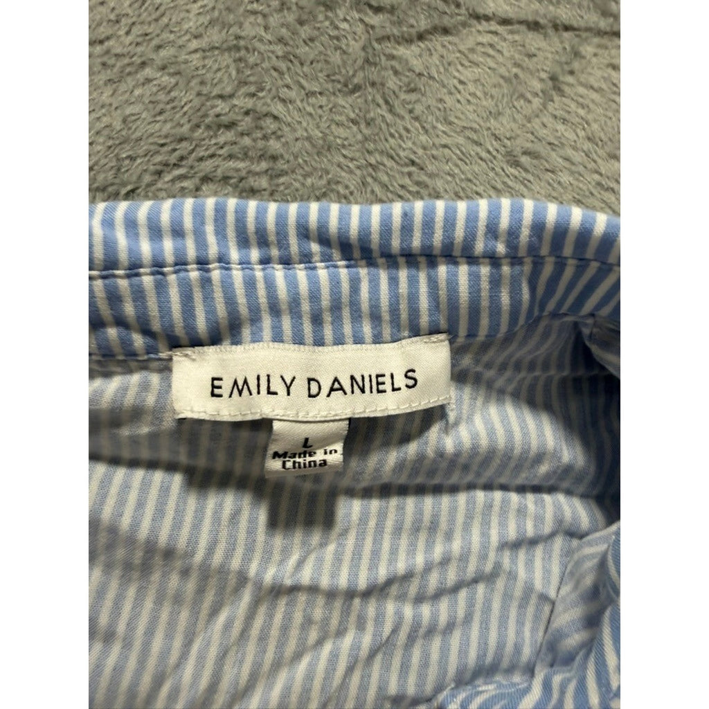 Emily Daniels Button Up Top Womens L Blue White Stripe Tie Front Casual