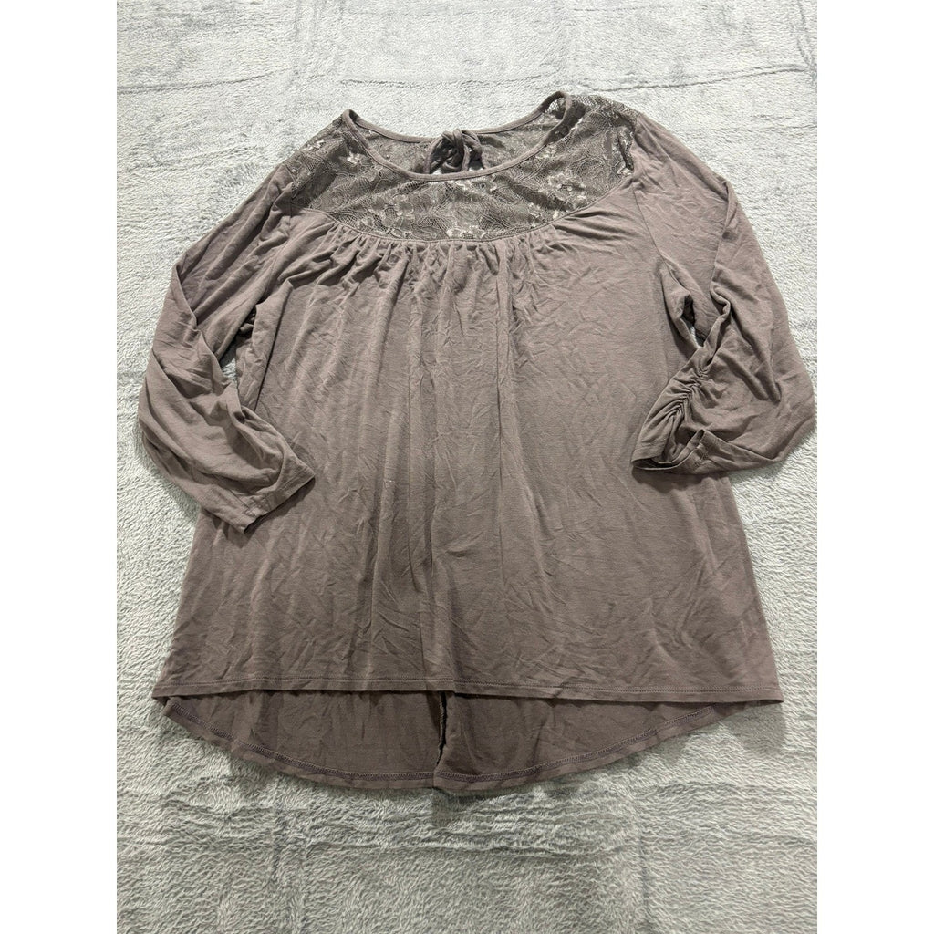 Maurices Womens XL Taupe Lace Yoke Tie Back Long Sleeve Ruched Peasant Top