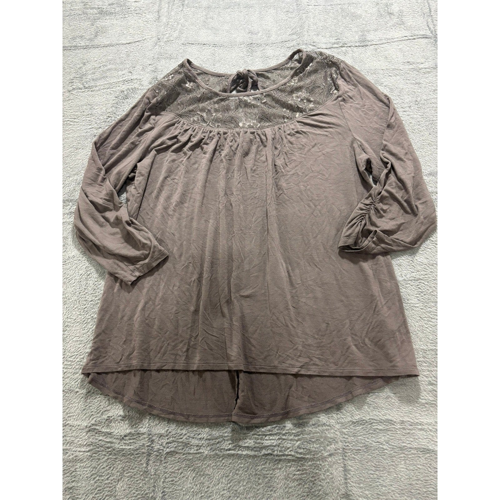 Maurices Womens XL Taupe Lace Yoke Tie Back Long Sleeve Ruched Peasant Top