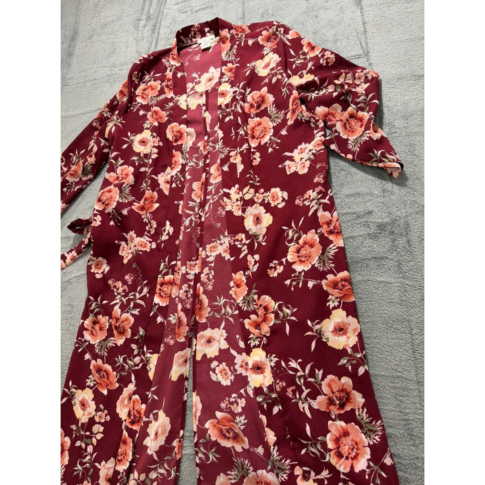 New York & Company Kimono Womens S Red Floral Duster Belted Boho