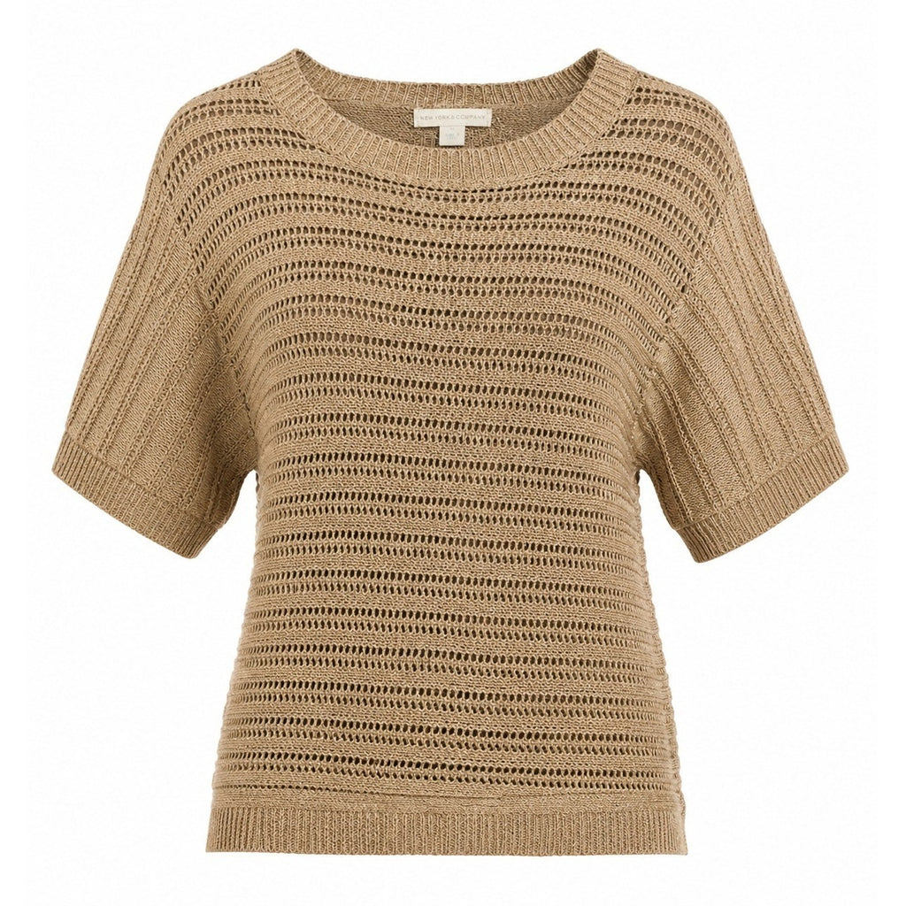 New York & Company Sweater Top Womens M Beige Open Knit Short Sleeve Metallic
