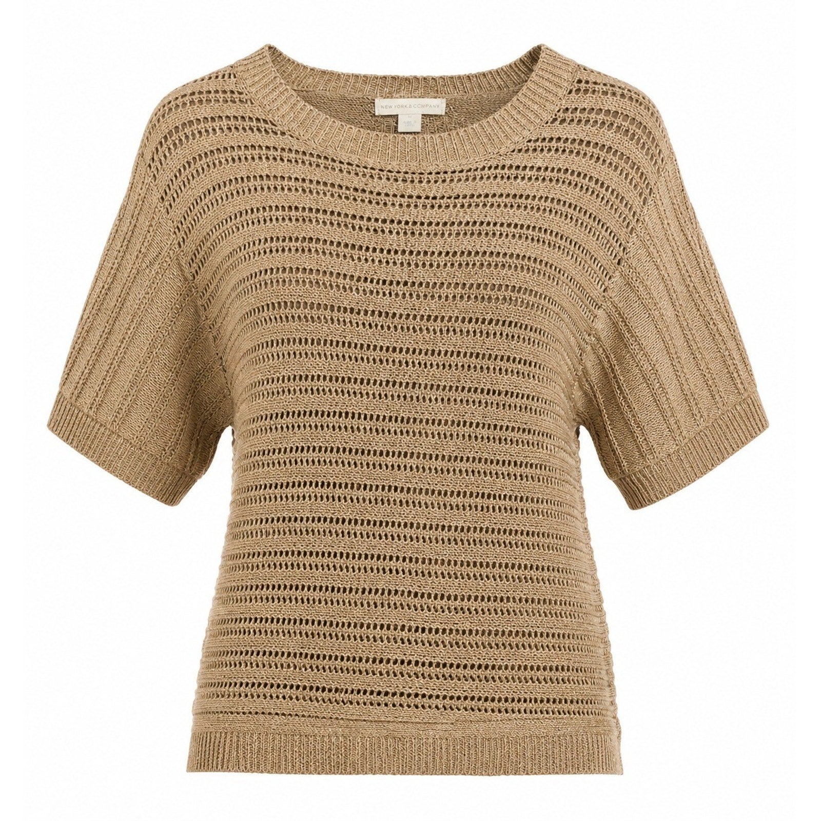 New York & Company Sweater Top Womens M Beige Open Knit Short Sleeve Metallic